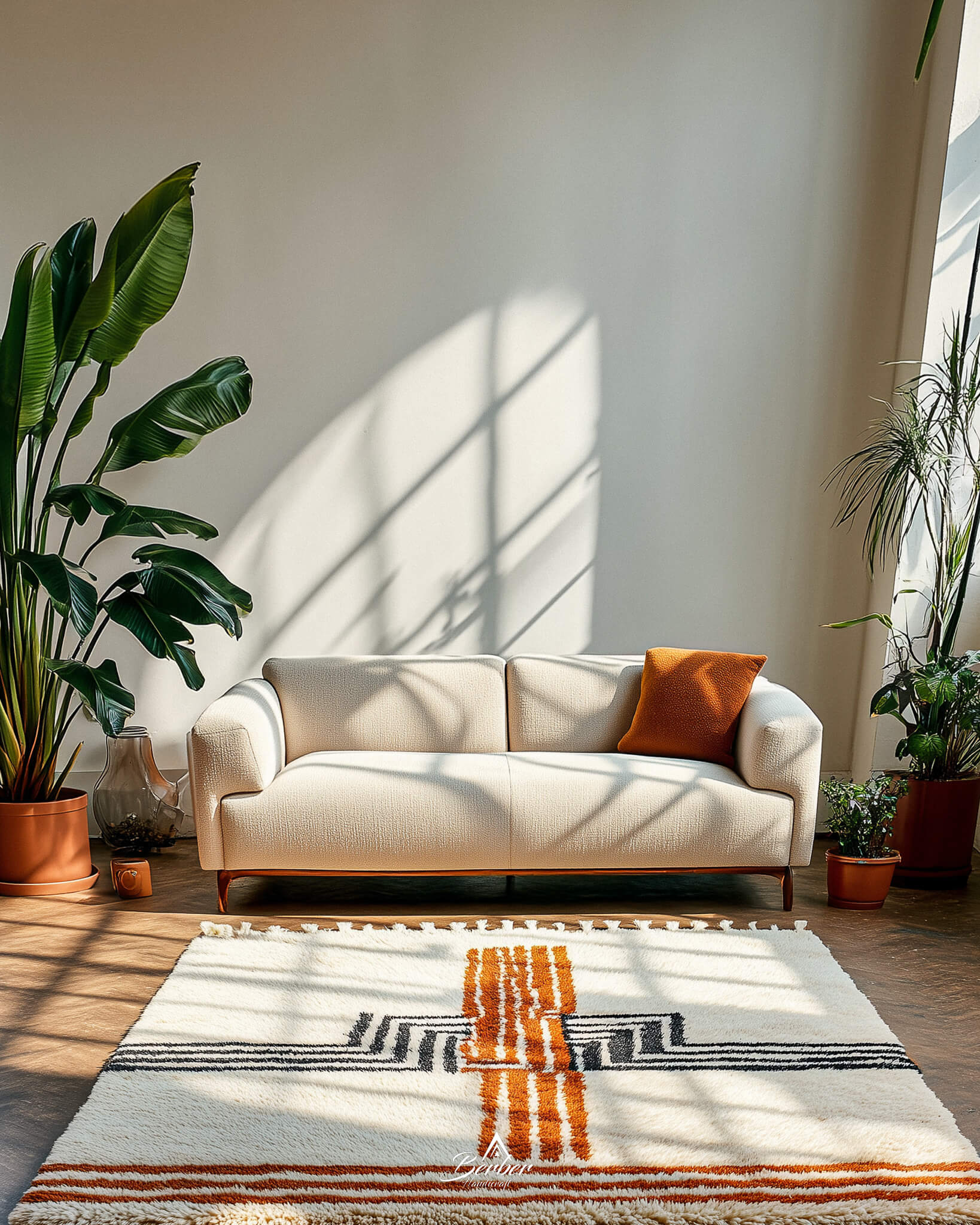 Beige sofa with orange pillow on a striped orange Moroccan rug in a sunlit room with plants.
