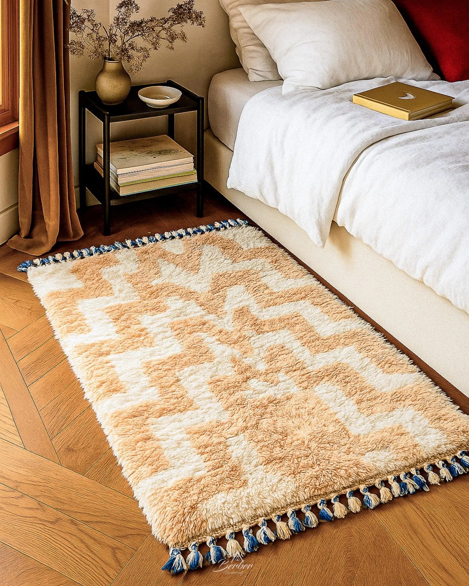 Peach Moroccan area rug 3 X 5 Ft | 90 X 150 Cm / With Tassels / Short (0.4” / 1 cm)