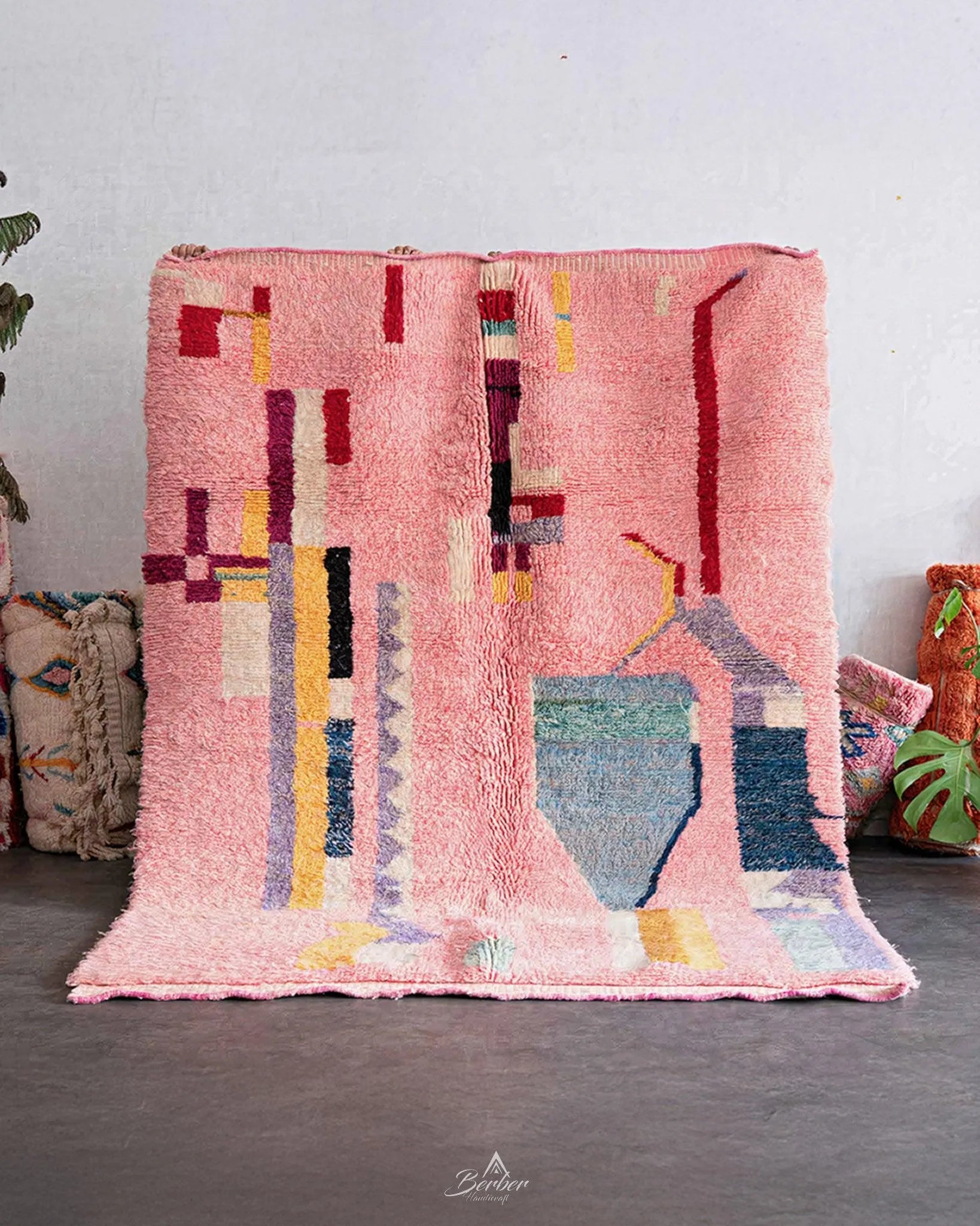 Pink Abstract Moroccan Rug 3 X 5 Ft | 90 X 150 Cm / With Tassels / Short (0.4” / 1 cm)
