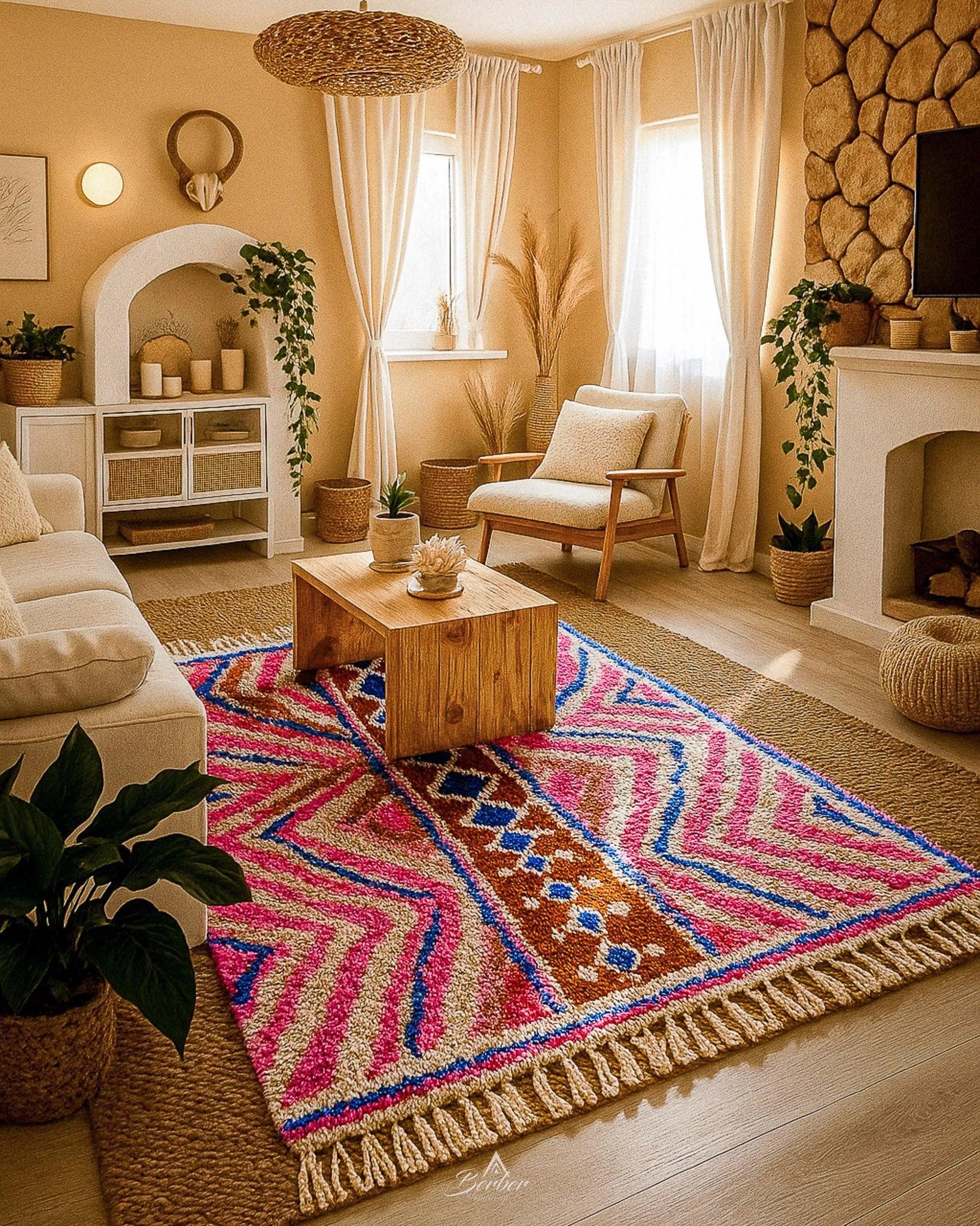Pink Abstract Wool Rug 3 X 5 Ft | 90 X 150 Cm / With Tassels / Short (0.4” / 1 cm)