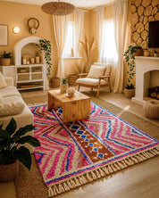 Pink Abstract Wool Rug 3 X 5 Ft | 90 X 150 Cm / With Tassels / Short (0.4” / 1 cm)