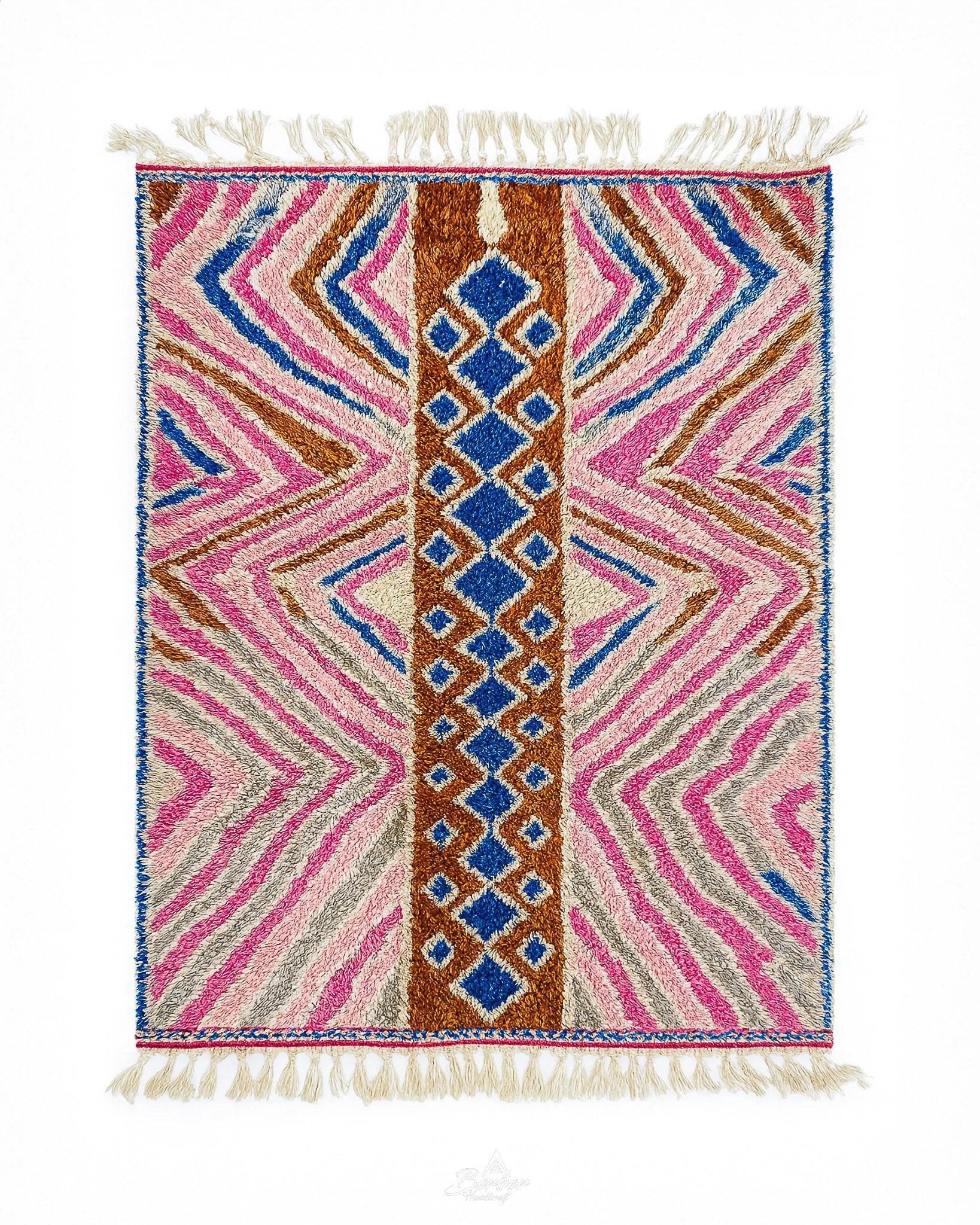 Pink Abstract Wool Rug 3 X 5 Ft | 90 X 150 Cm / With Tassels / Short (0.4” / 1 cm)