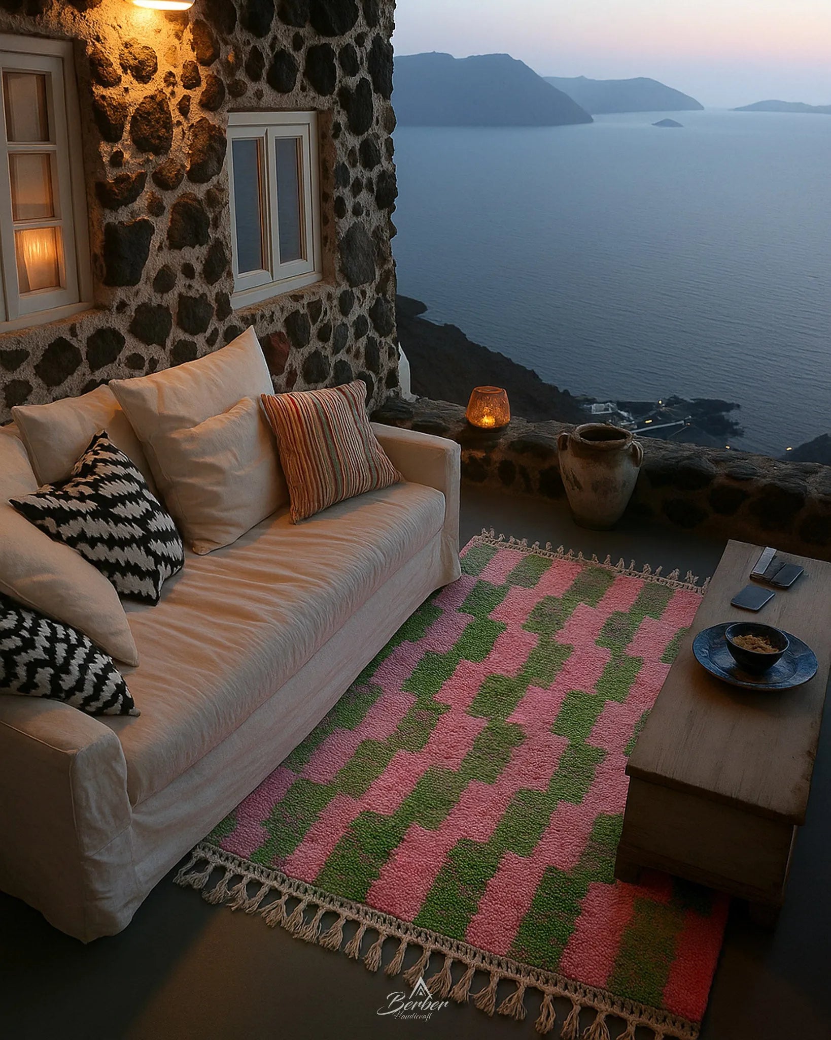 Pink And Green Wool Rug 3 X 5 Ft | 90 X 150 Cm / With Tassels / Short (0.4” / 1 cm)