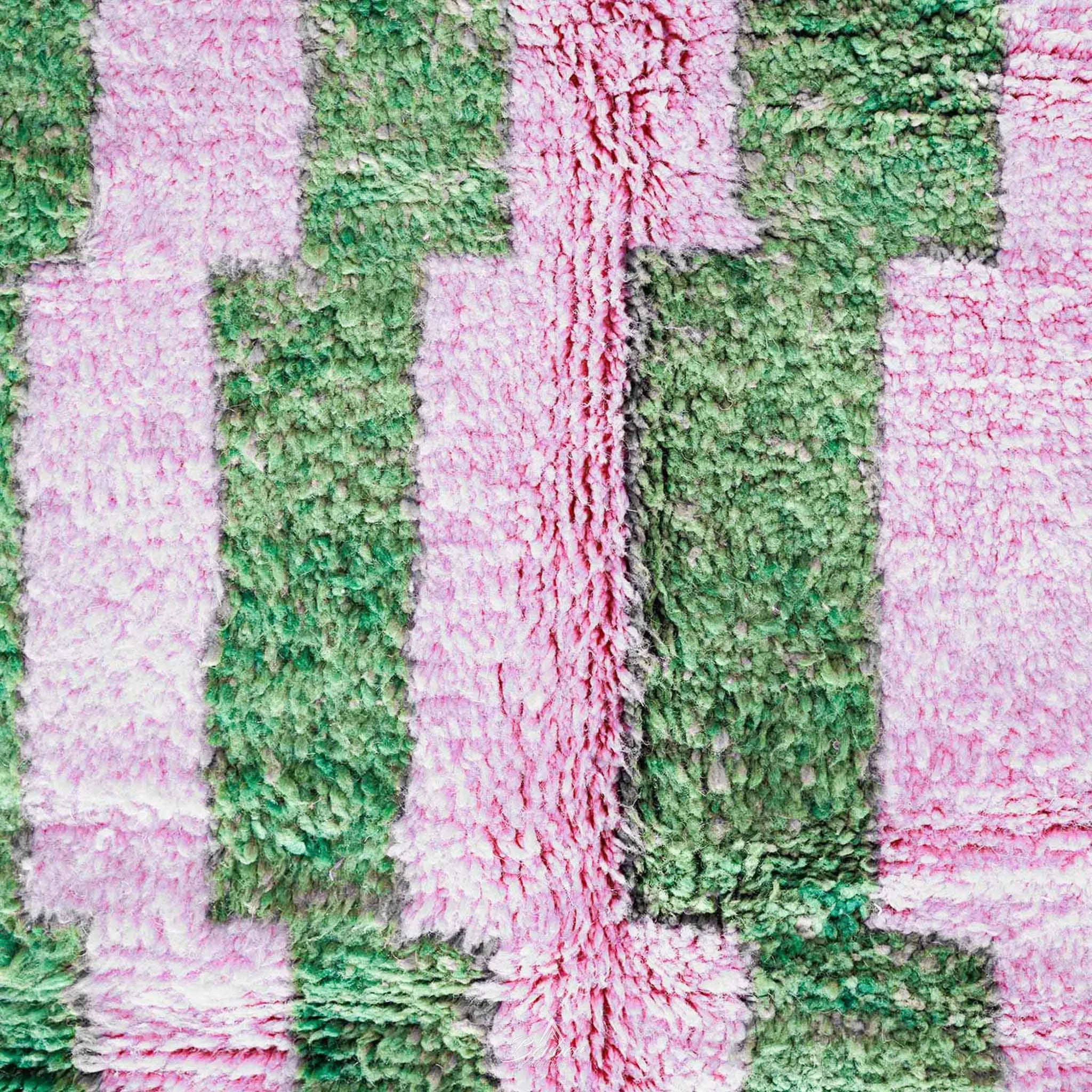 Pink And Green Wool Rug 3 X 5 Ft | 90 X 150 Cm / With Tassels / Short (0.4” / 1 cm)