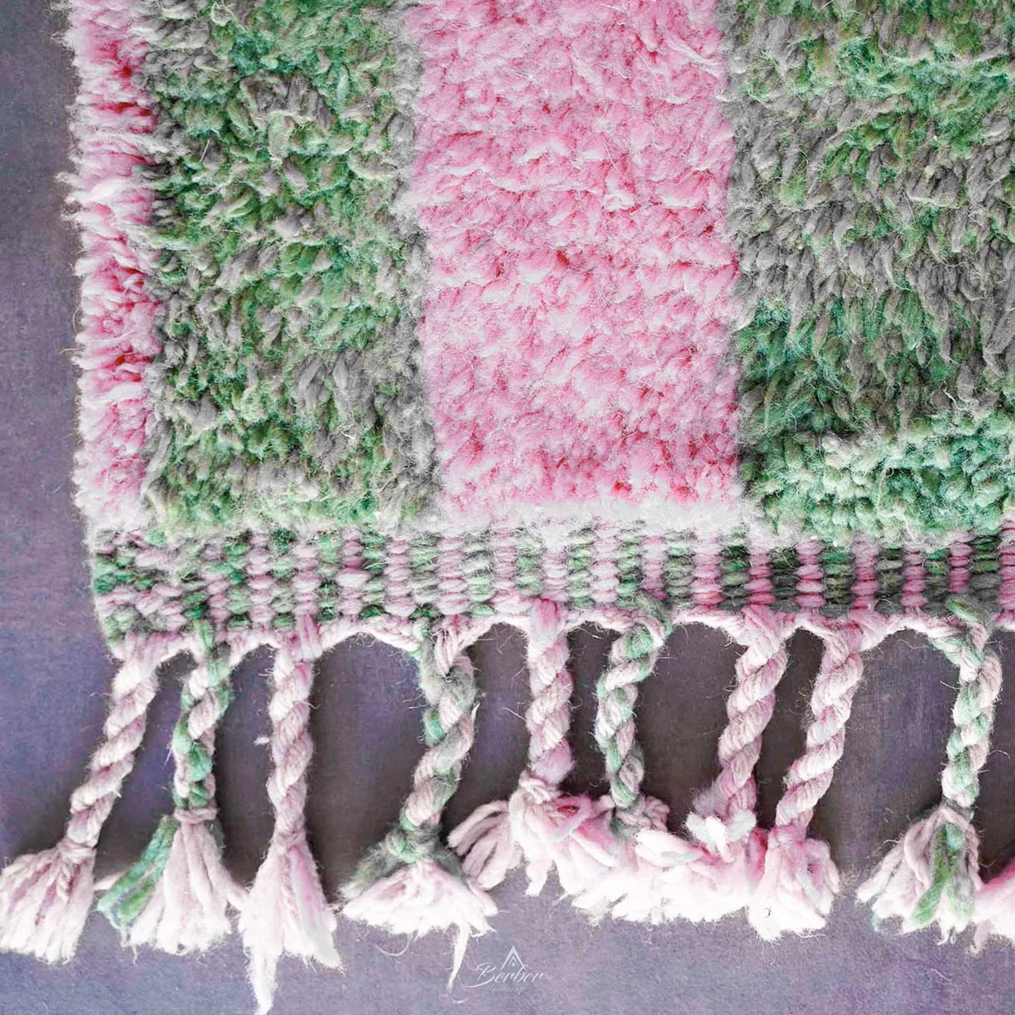 Pink And Green Wool Rug 3 X 5 Ft | 90 X 150 Cm / With Tassels / Short (0.4” / 1 cm)