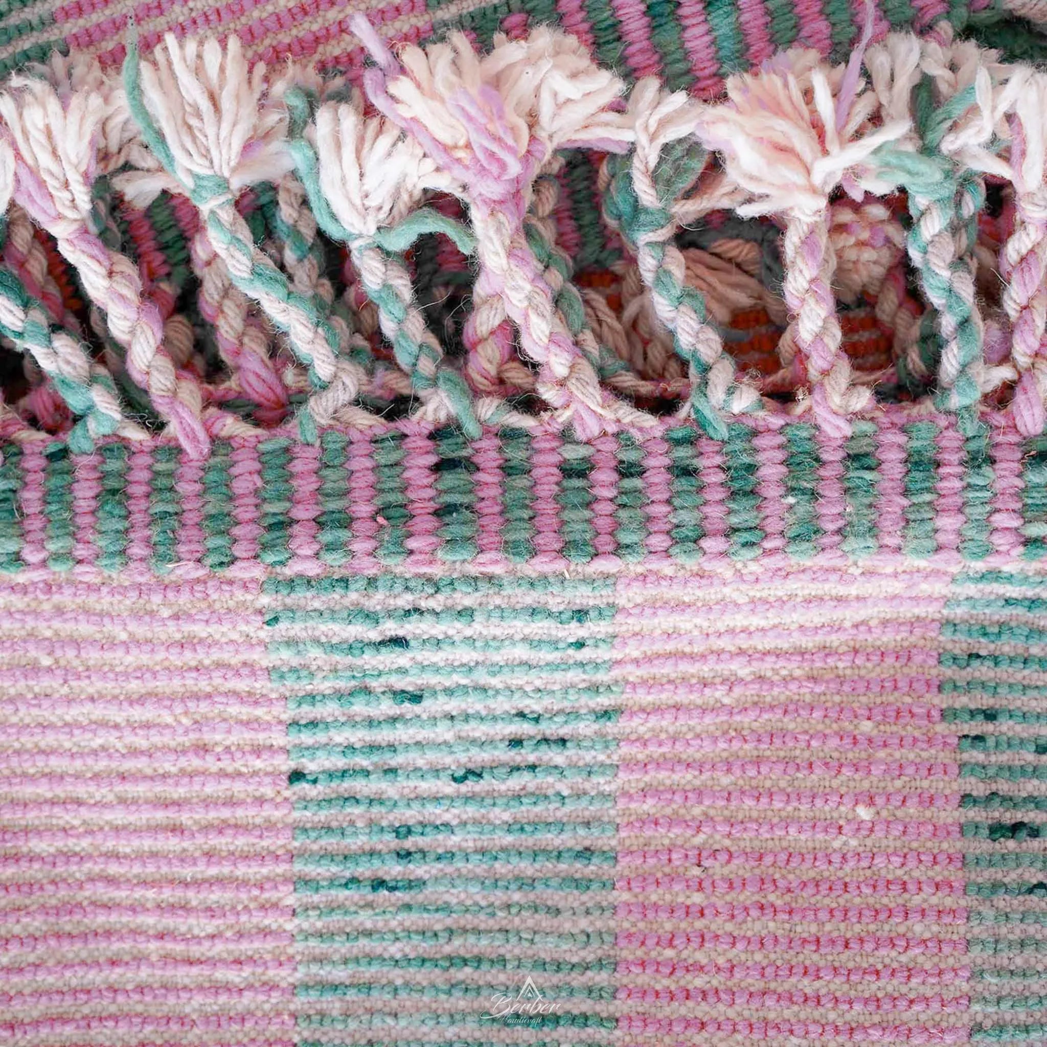 Pink And Green Wool Rug 3 X 5 Ft | 90 X 150 Cm / With Tassels / Short (0.4” / 1 cm)