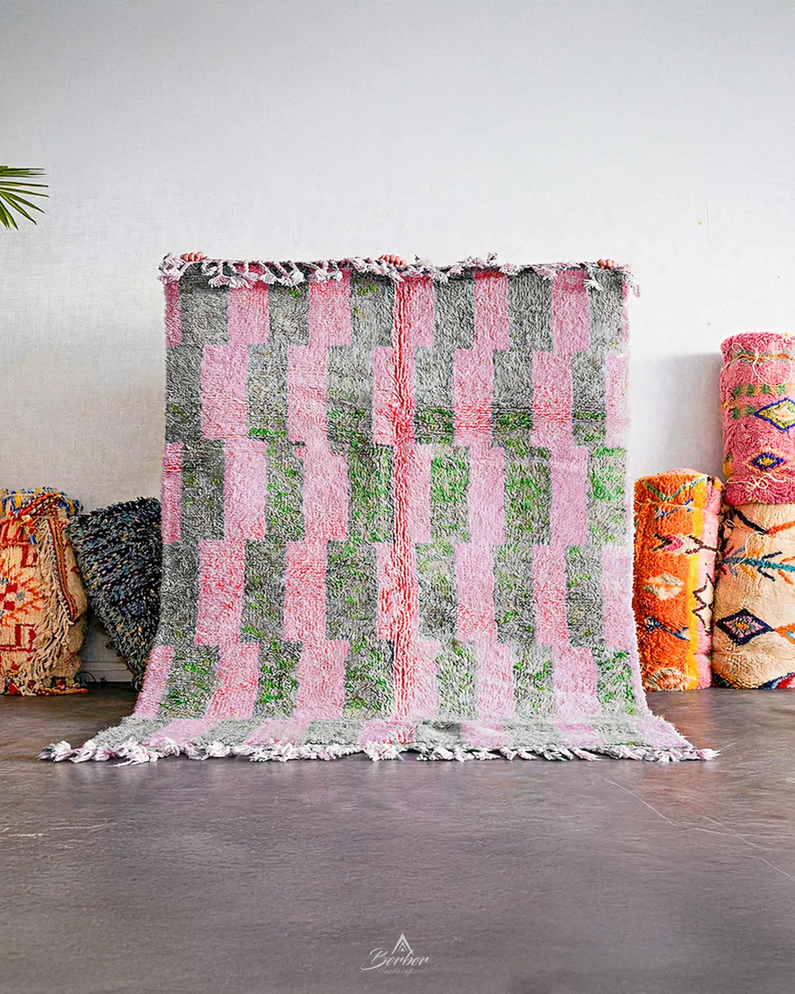 Pink And Green Wool Rug 3 X 5 Ft | 90 X 150 Cm / With Tassels / Short (0.4” / 1 cm)