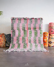 Pink And Green Wool Rug 3 X 5 Ft | 90 X 150 Cm / With Tassels / Short (0.4” / 1 cm)