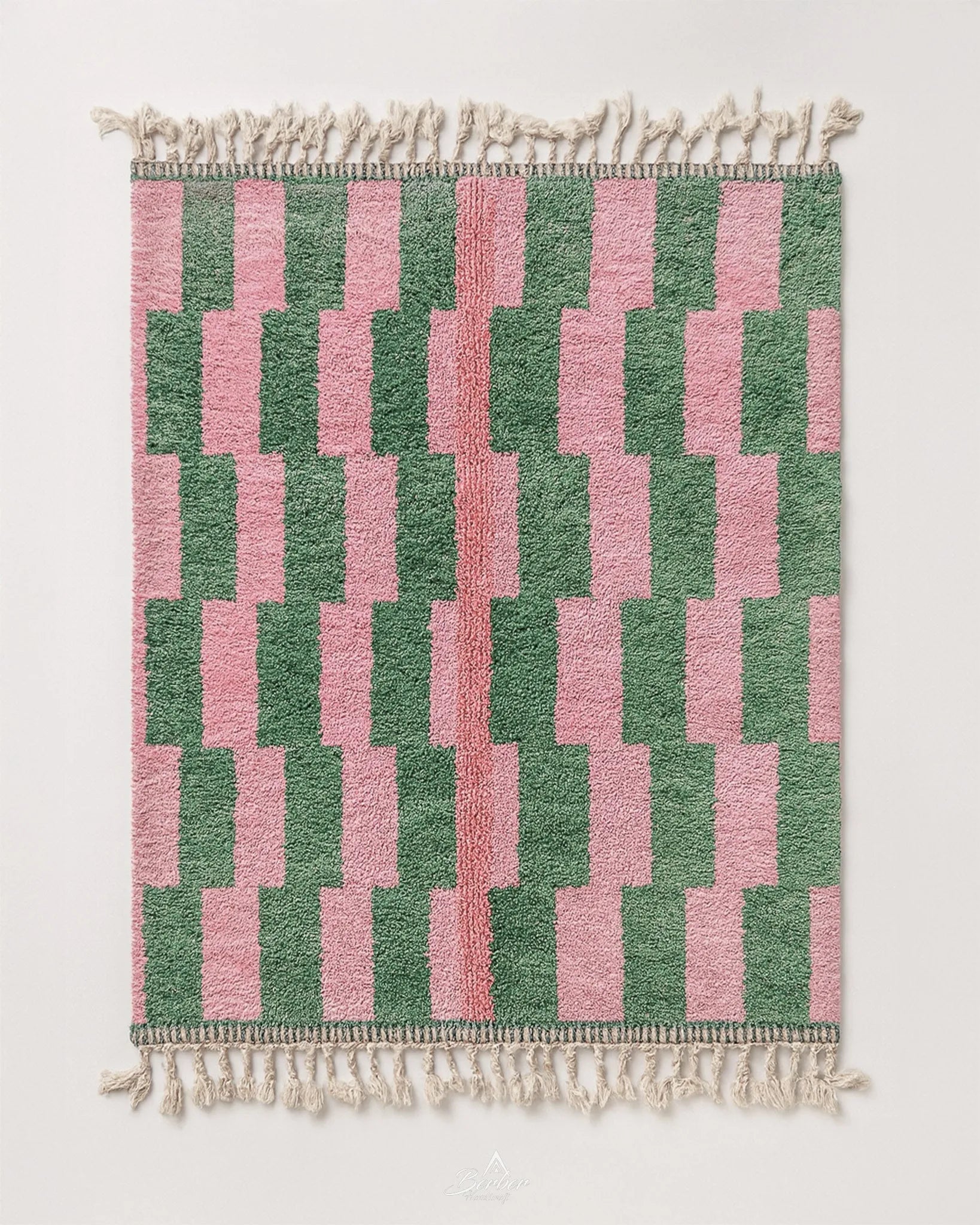 Pink And Green Wool Rug 3 X 5 Ft | 90 X 150 Cm / With Tassels / Short (0.4” / 1 cm)