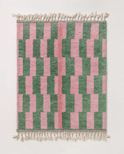 Pink And Green Wool Rug 3 X 5 Ft | 90 X 150 Cm / With Tassels / Short (0.4” / 1 cm)