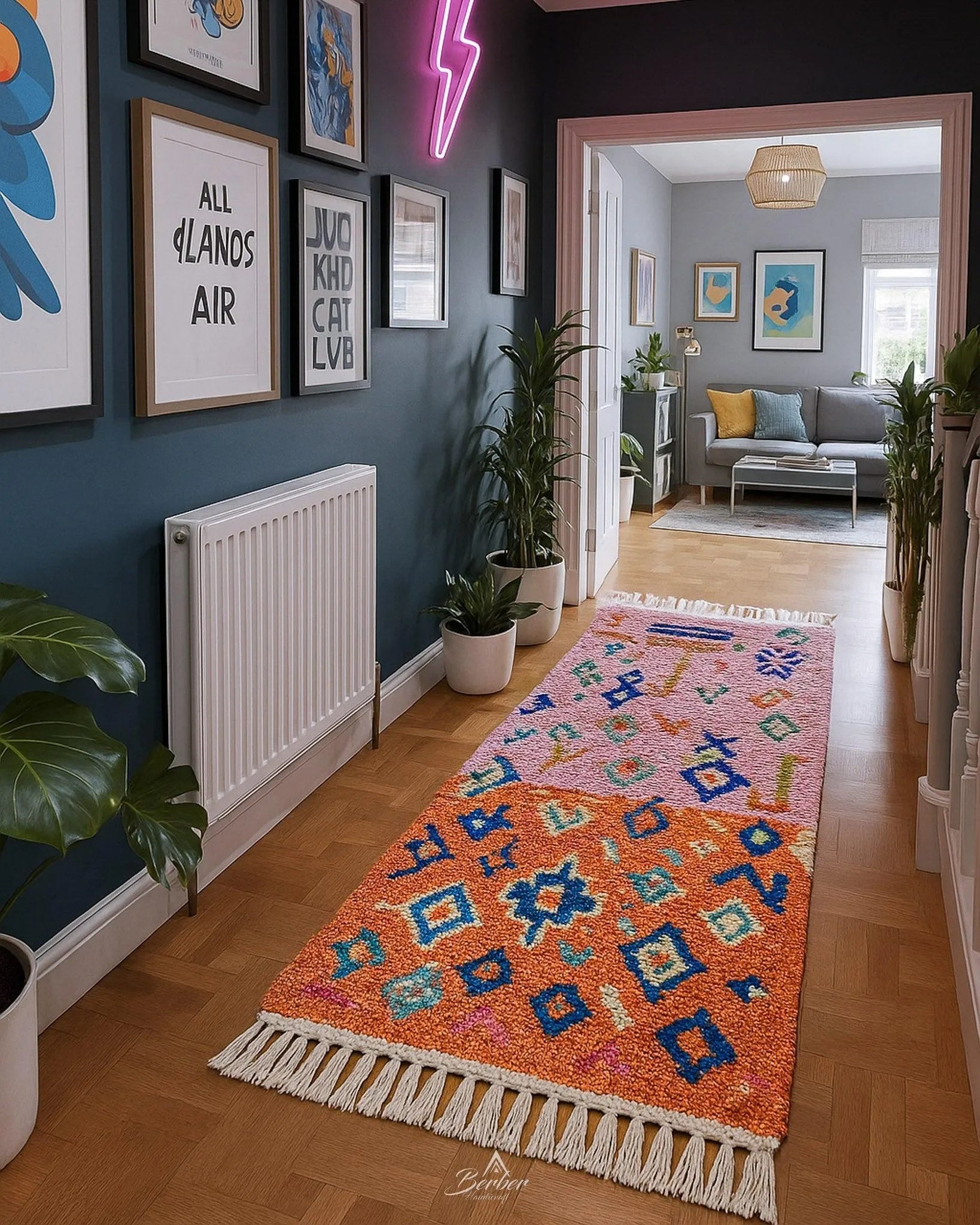 Pink And Orange Rug Runner 2 X 6 Ft | 60 X 180 Cm / With Tassels / Short (0.4” / 1 cm)