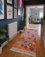 Pink And Orange Rug Runner 2 X 6 Ft | 60 X 180 Cm / With Tassels / Short (0.4” / 1 cm)