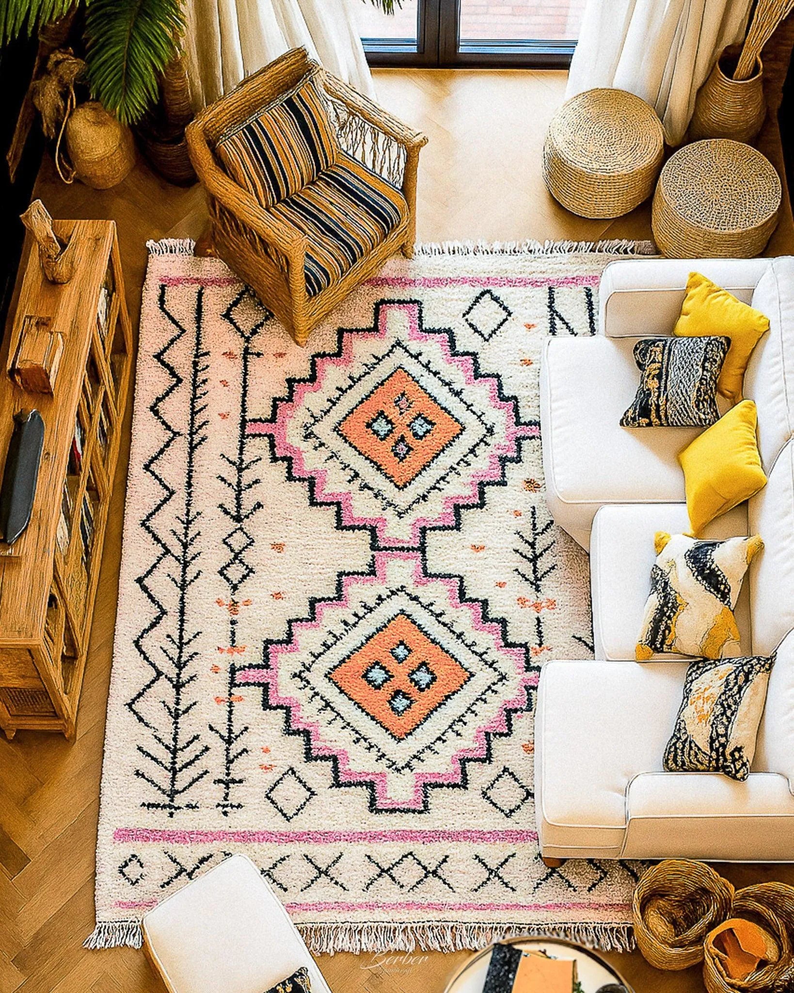 Pink Bohemian Rug 3 X 5 Ft | 90 X 150 Cm / With Tassels / Short (0.4” / 1 cm)