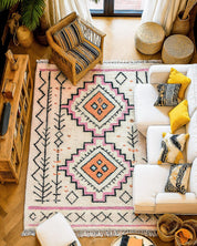 Pink Bohemian Rug 3 X 5 Ft | 90 X 150 Cm / With Tassels / Short (0.4” / 1 cm)