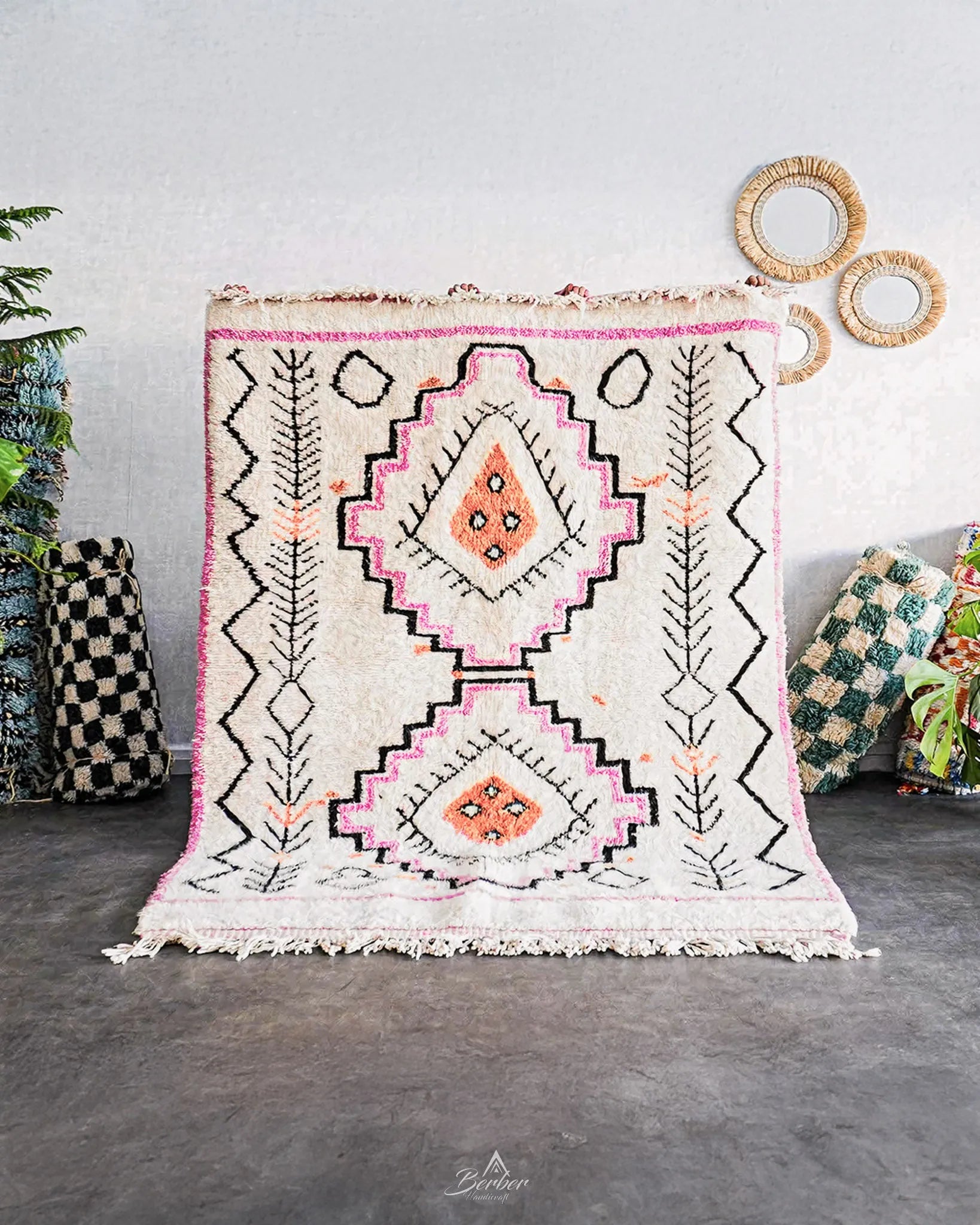 Pink Bohemian Rug 3 X 5 Ft | 90 X 150 Cm / With Tassels / Short (0.4” / 1 cm)