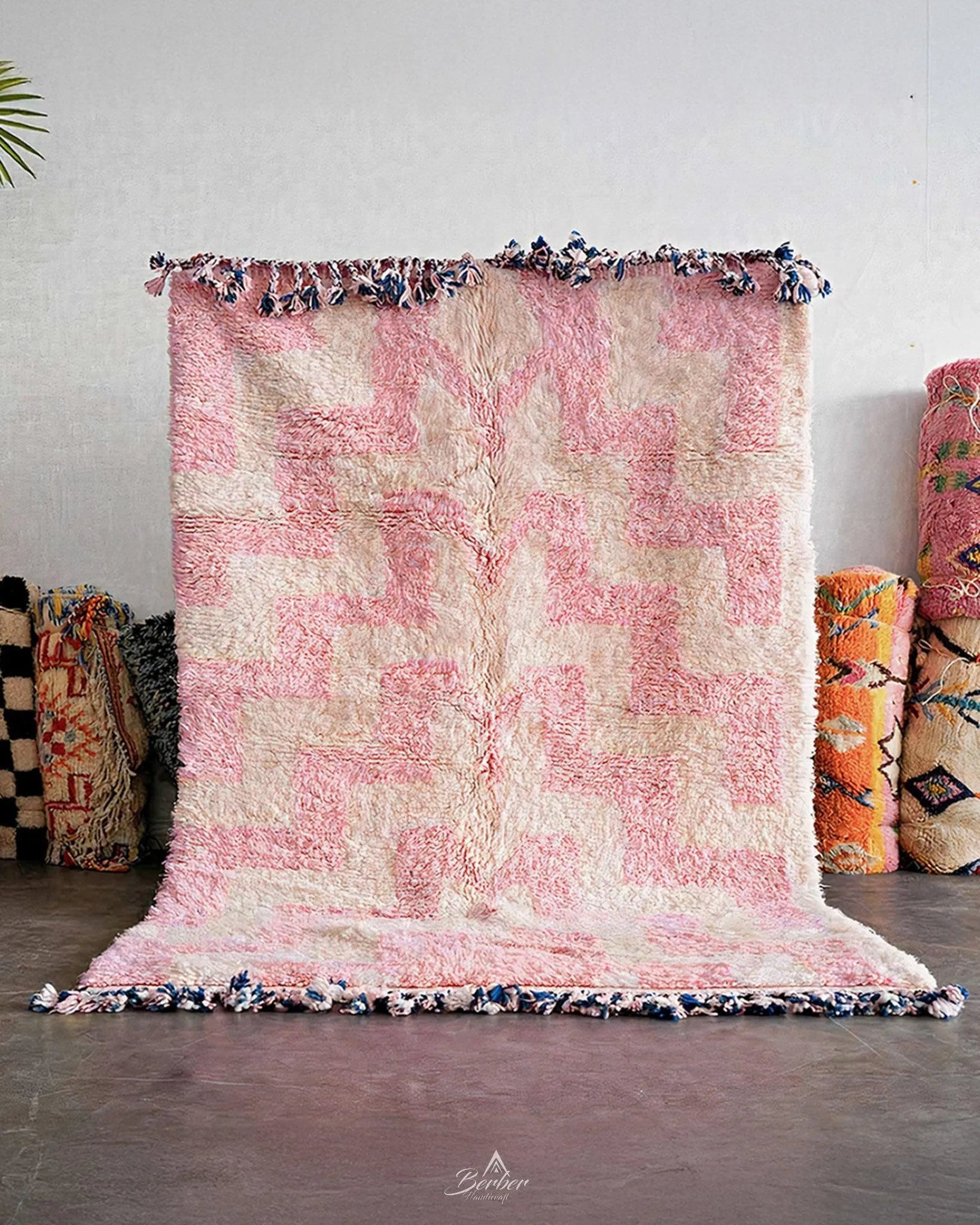 Pink Boho Berber Rug 3 X 5 Ft | 90 X 150 Cm / With Tassels / Short (0.4” / 1 cm)