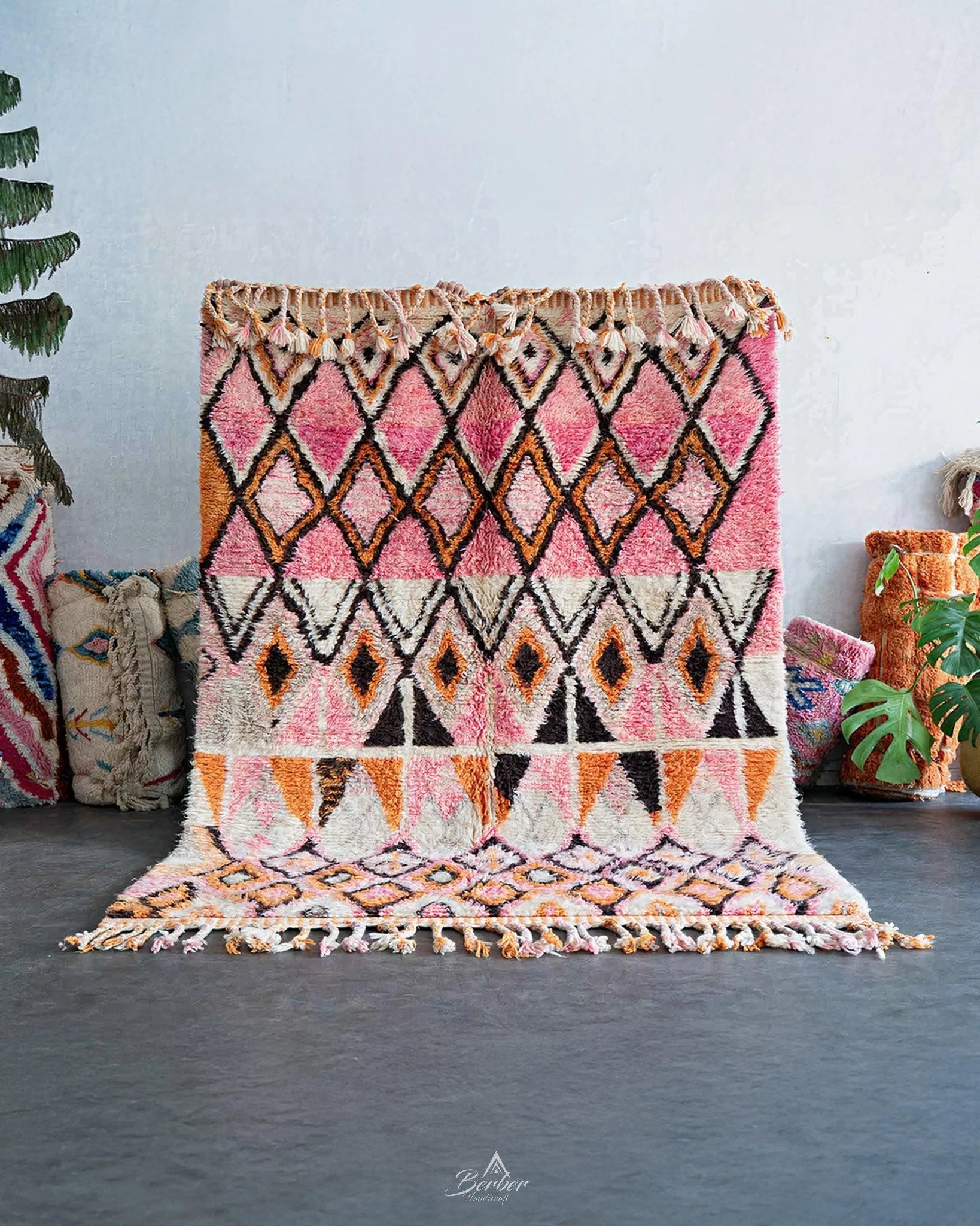 Pink Boujaad Rug 3 X 5 Ft | 90 X 150 Cm / With Tassels / Short (0.4” / 1 cm)