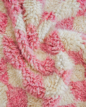 Pink Checkered Wool Rug 3 X 5 Ft | 90 X 150 Cm / With Tassels / Short (0.4” / 1 cm)