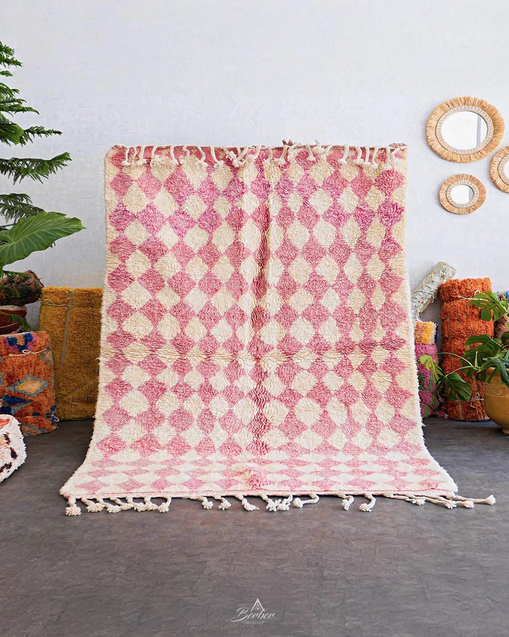Pink Checkered Wool Rug 3 X 5 Ft | 90 X 150 Cm / With Tassels / Short (0.4” / 1 cm)
