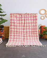 Pink Checkered Wool Rug 3 X 5 Ft | 90 X 150 Cm / With Tassels / Short (0.4” / 1 cm)