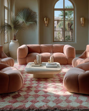 Pink Checkered Wool Rug 3 X 5 Ft | 90 X 150 Cm / With Tassels / Short (0.4” / 1 cm)