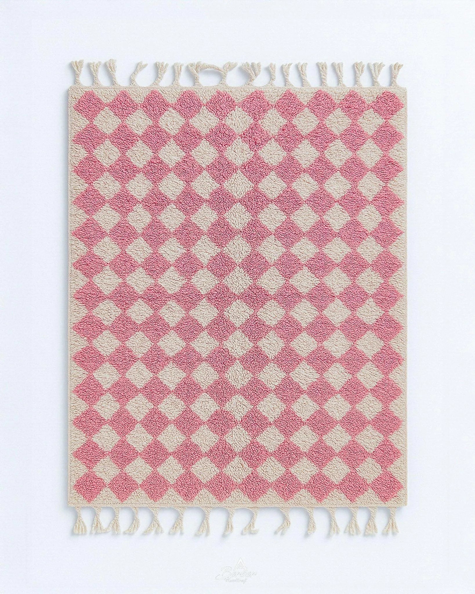 Pink Checkered Wool Rug 3 X 5 Ft | 90 X 150 Cm / With Tassels / Short (0.4” / 1 cm)