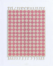Pink Checkered Wool Rug 3 X 5 Ft | 90 X 150 Cm / With Tassels / Short (0.4” / 1 cm)