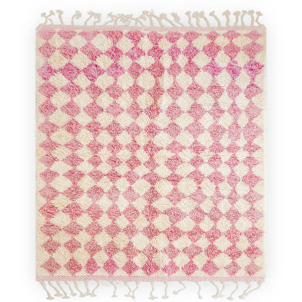 Pink Checkered Wool Rug - Berber Handicraft