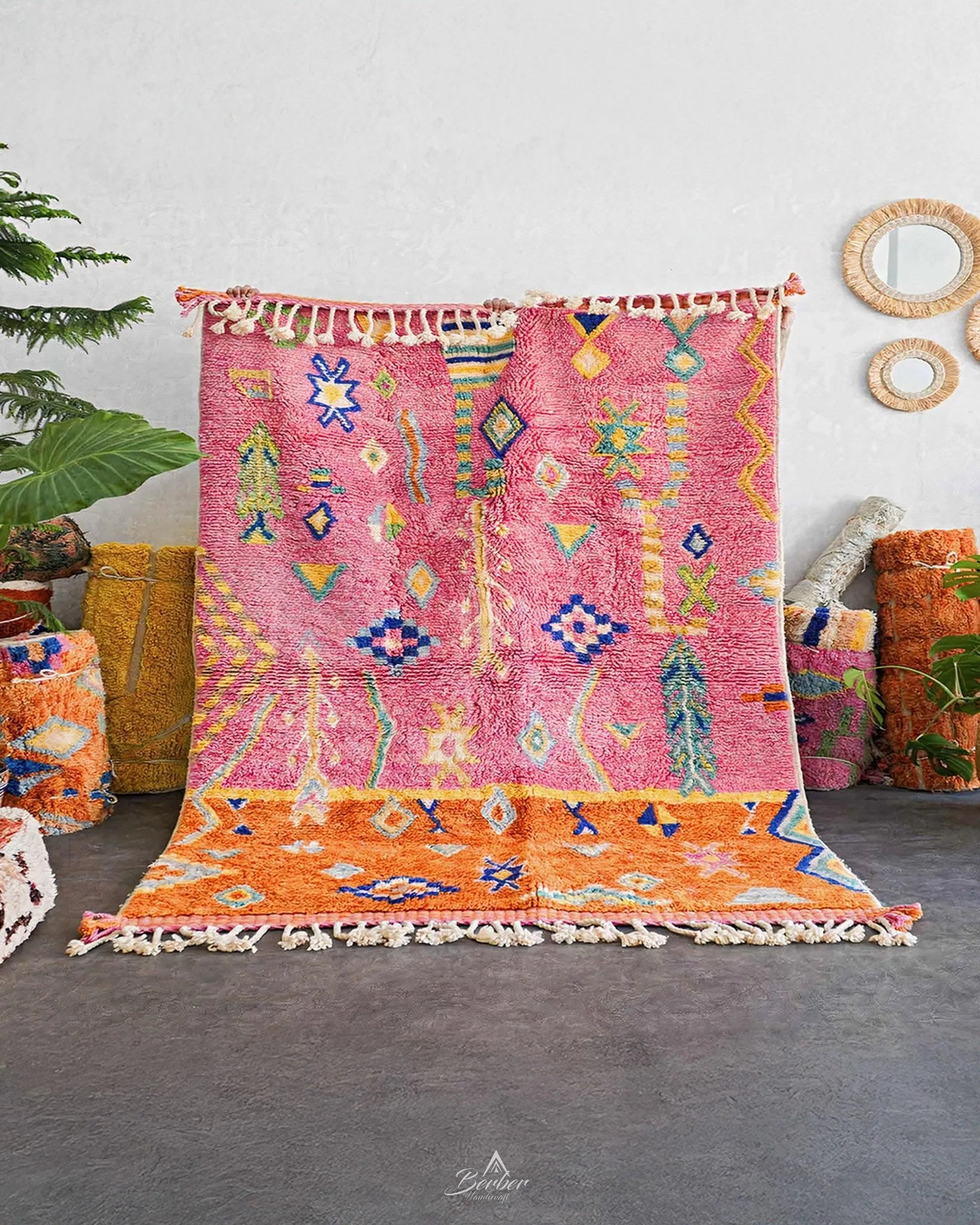 Pink Moroccan Rug 3 X 5 Ft | 90 X 150 Cm / With Tassels / Short (0.4” / 1 cm)
