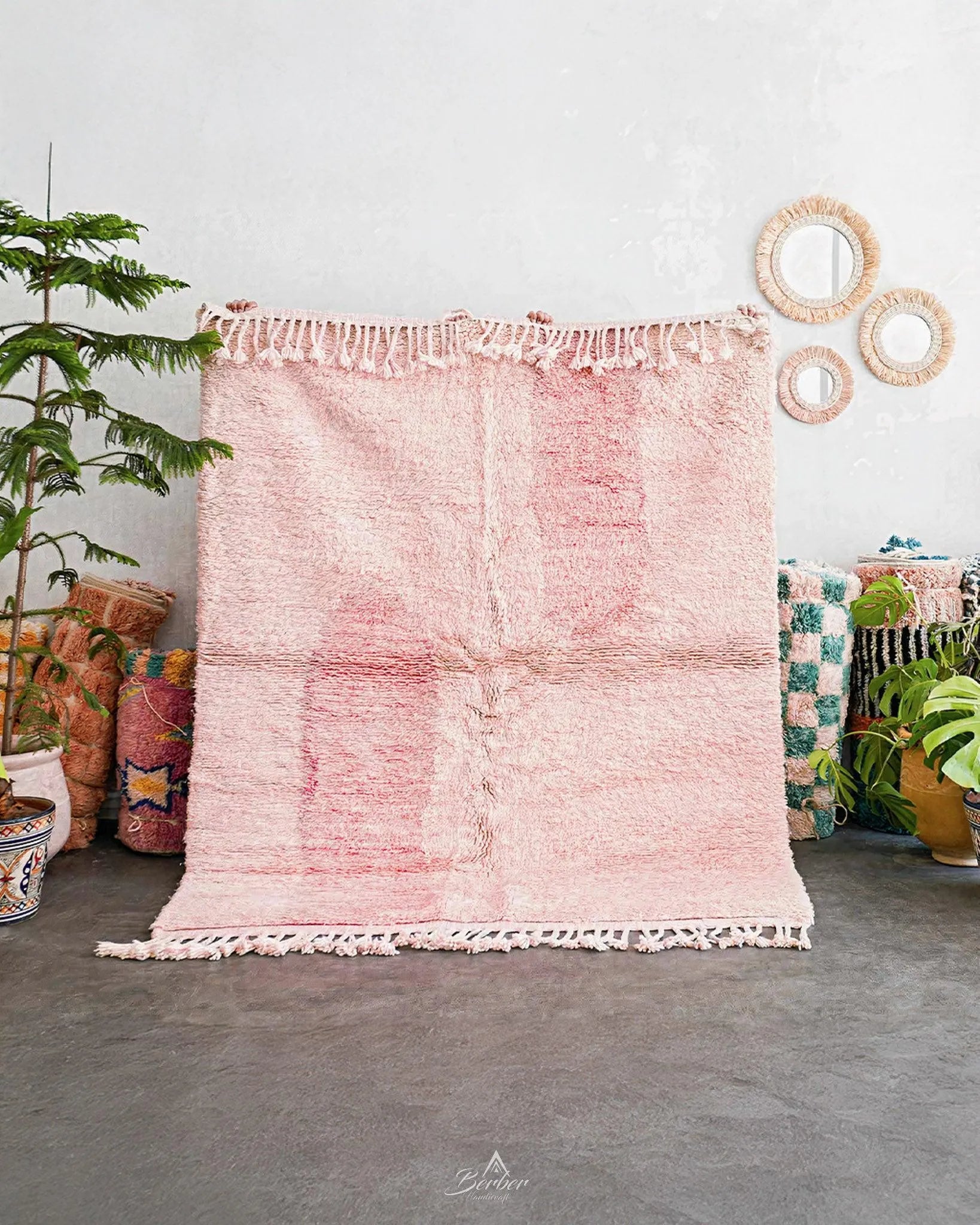 Pink Morrocan Wool Rug 3 X 5 Ft | 90 X 150 Cm / With Tassels / Short (0.4” / 1 cm)