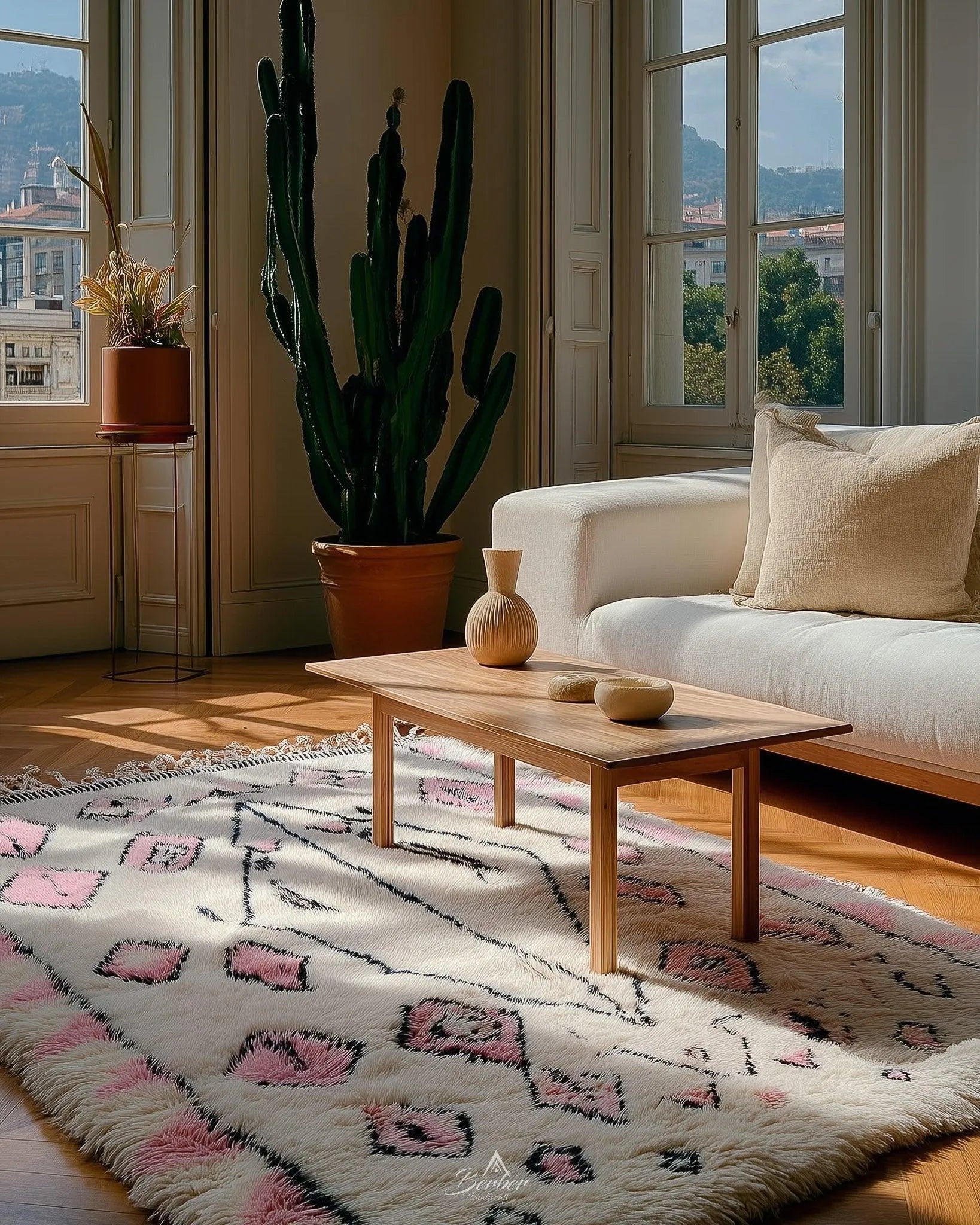Pink and White Azilal Rug 3 X 5 Ft | 90 X 150 Cm / With Tassels / Short (0.4” / 1 cm)