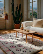 Pink and White Azilal Rug 3 X 5 Ft | 90 X 150 Cm / With Tassels / Short (0.4” / 1 cm)