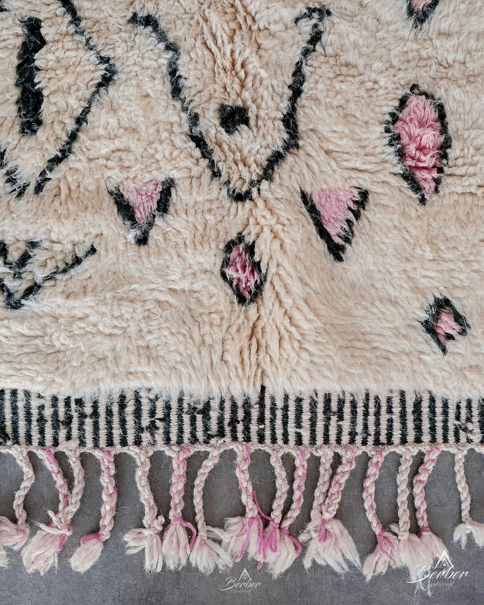 Pink and White Azilal Rug 3 X 5 Ft | 90 X 150 Cm / With Tassels / Short (0.4” / 1 cm)