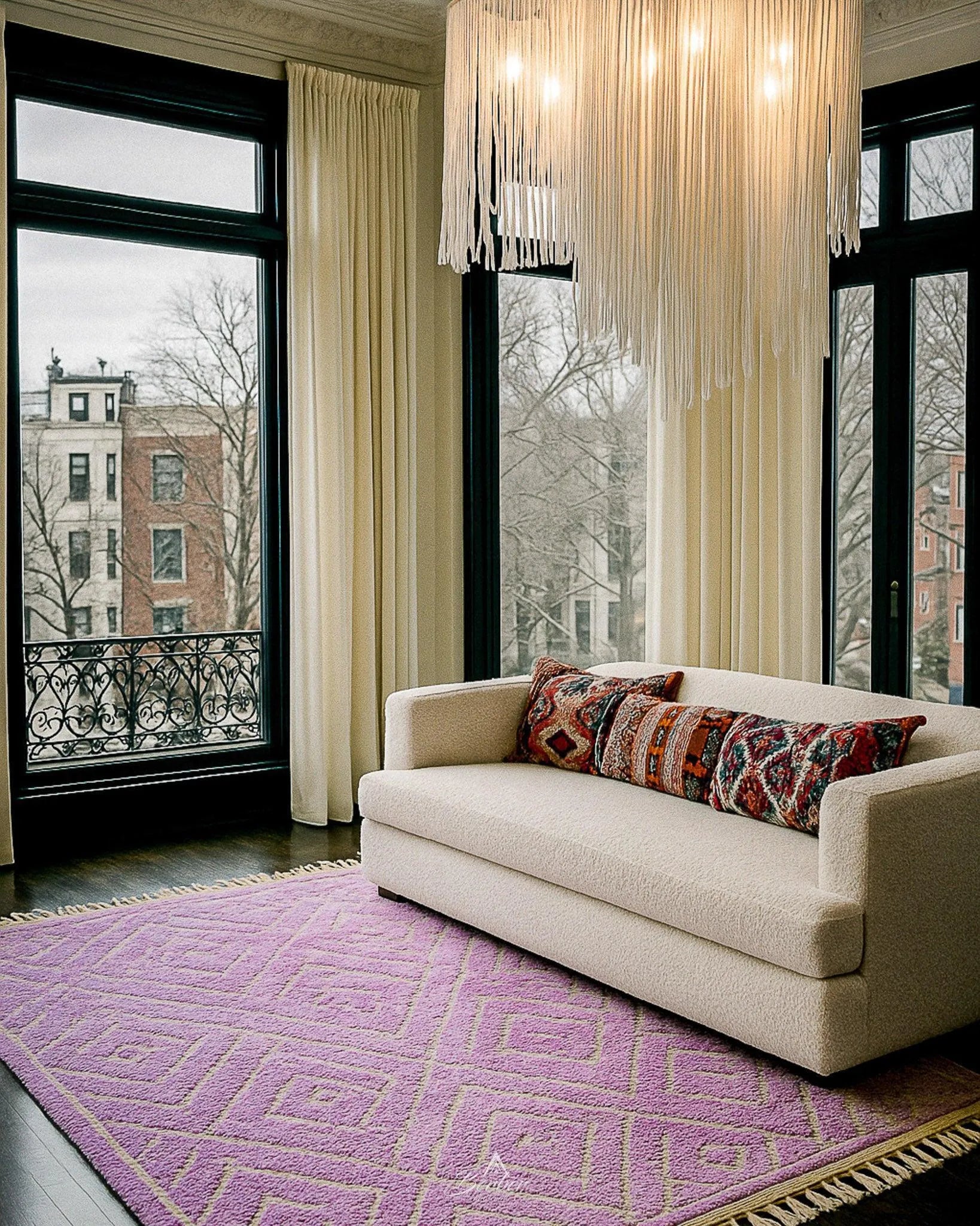 Purple Treillis Moroccan Rug 3 X 5 Ft | 90 X 150 Cm / With Tassels / Short (0.4” / 1 cm)