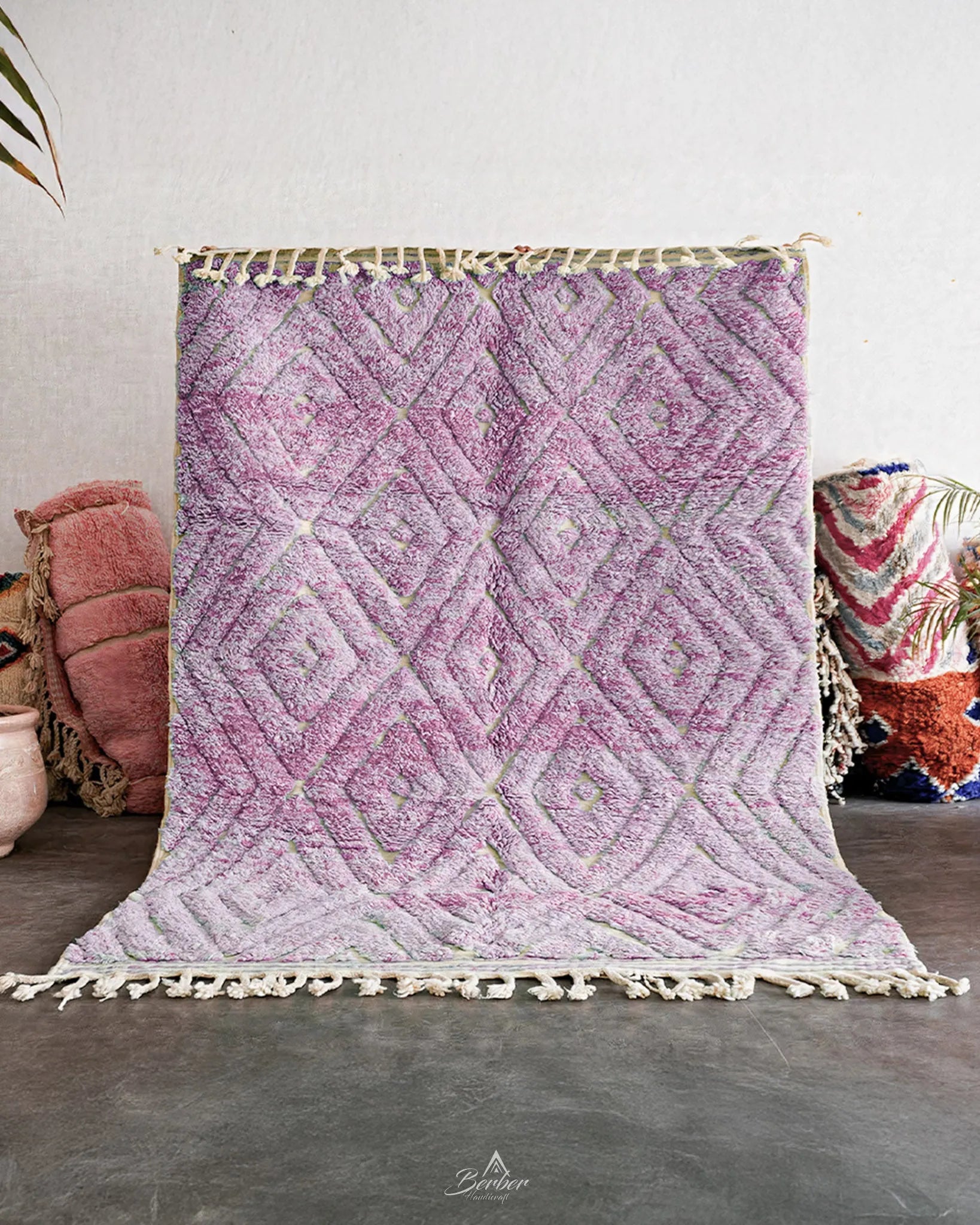 Purple Treillis Moroccan Rug 3 X 5 Ft | 90 X 150 Cm / With Tassels / Short (0.4” / 1 cm)