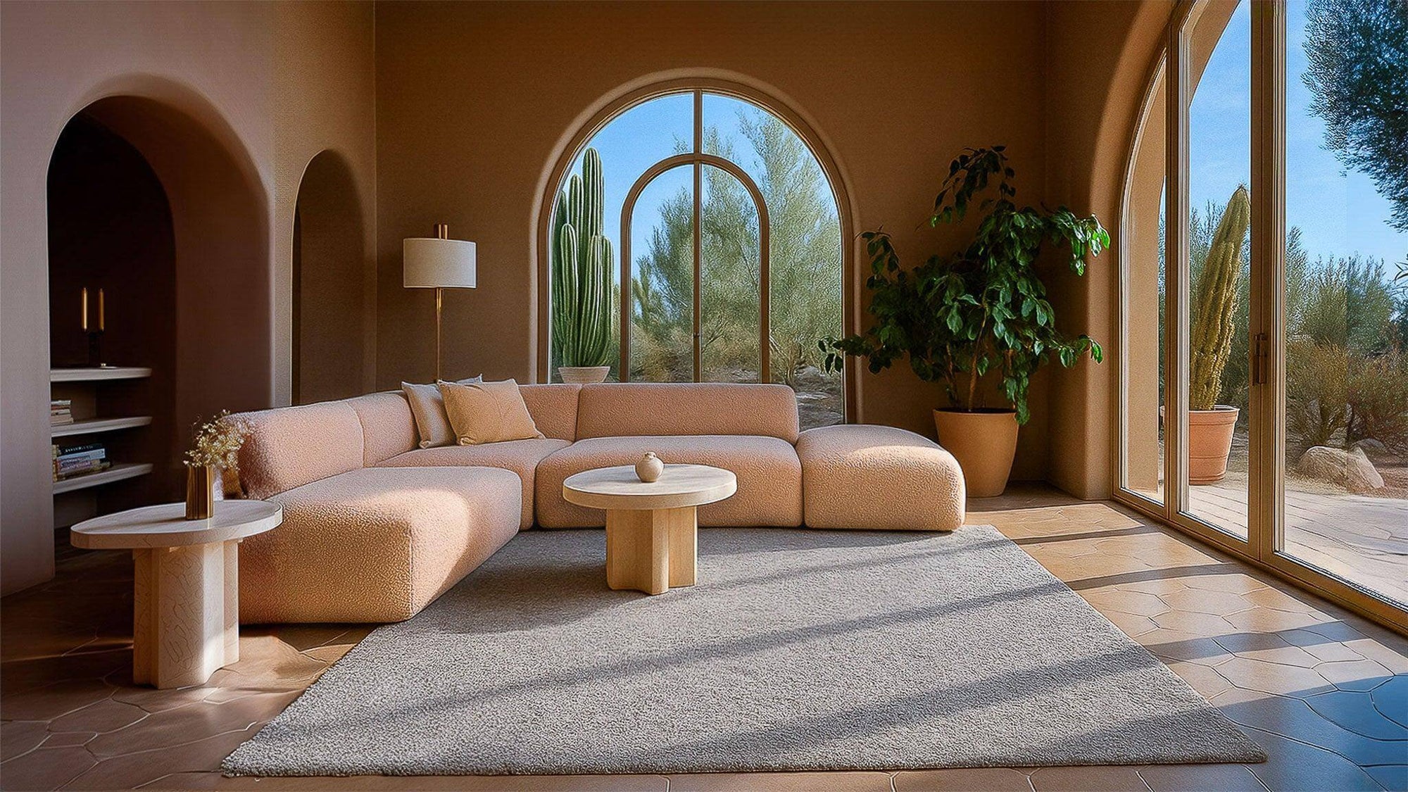 Modern living room with a beige sectional sofa, round coffee table, and large windows overlooking desert scenery.