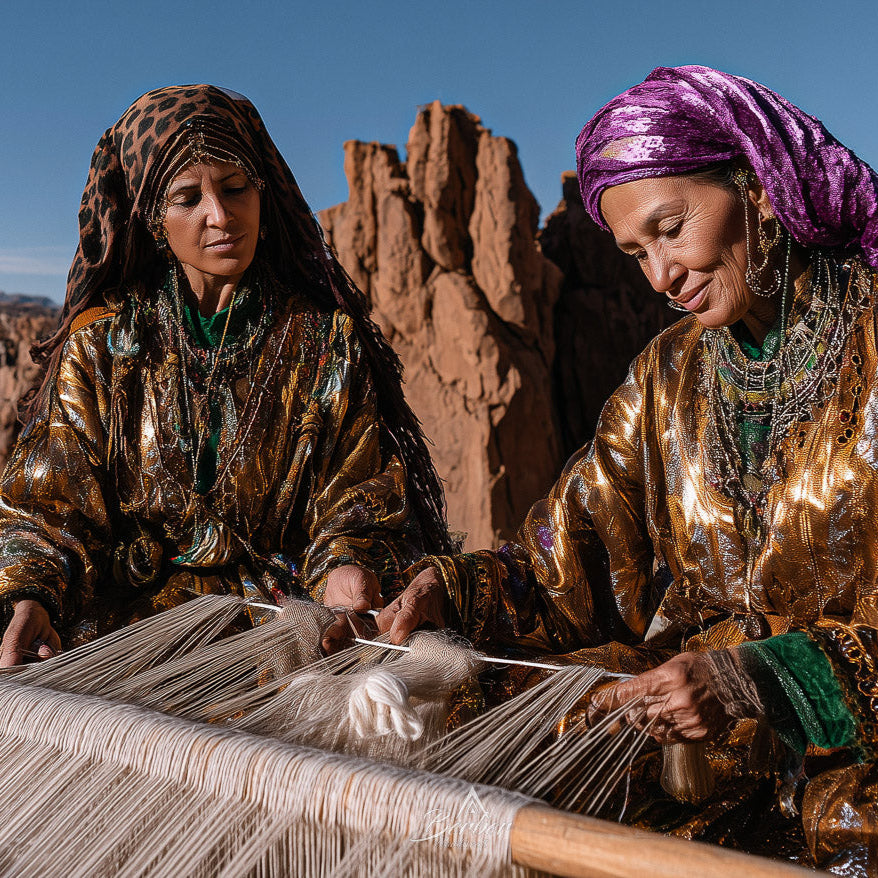 Two women weaving at a loom with a desert landscape in the background