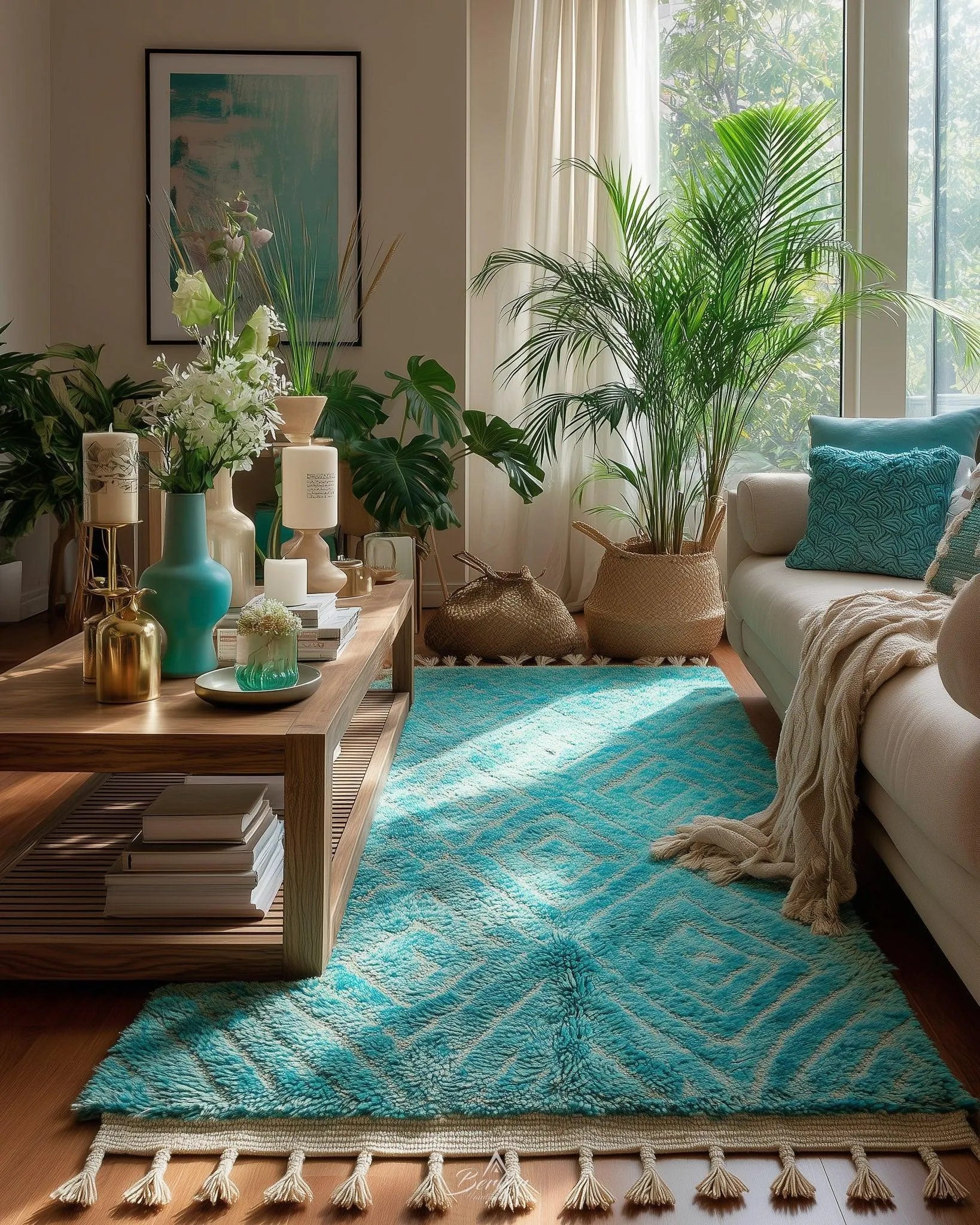Turquoise Beni Ourain Rug 3 X 5 Ft | 90 X 150 Cm / With Tassels / Short (0.4” / 1 cm)