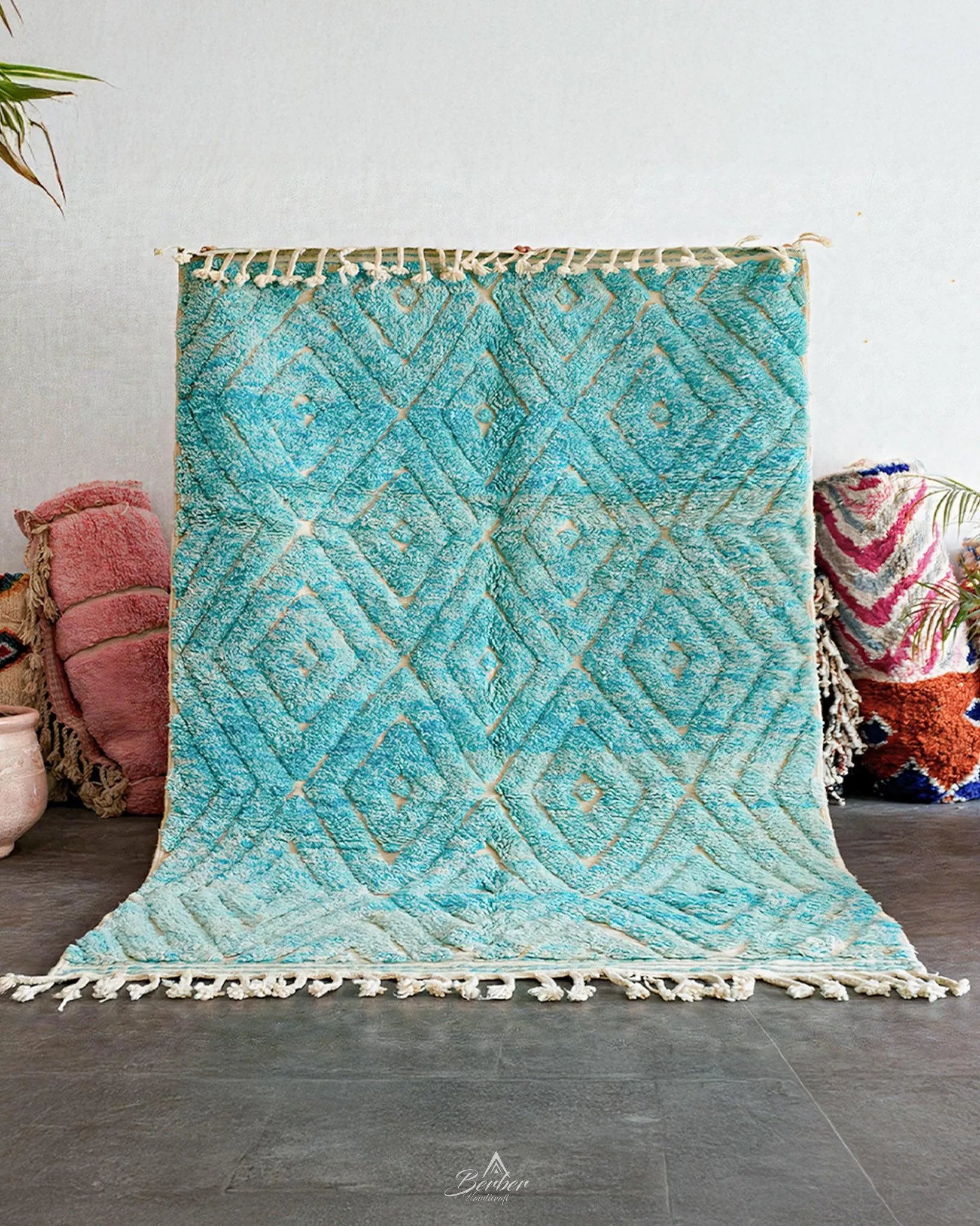 Turquoise Beni Ourain Rug 3 X 5 Ft | 90 X 150 Cm / With Tassels / Short (0.4” / 1 cm)