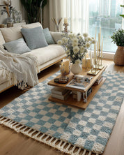 Turquoise Checkered Rug 3 X 5 Ft | 90 X 150 Cm / With Tassels / Short (0.4” / 1 cm)
