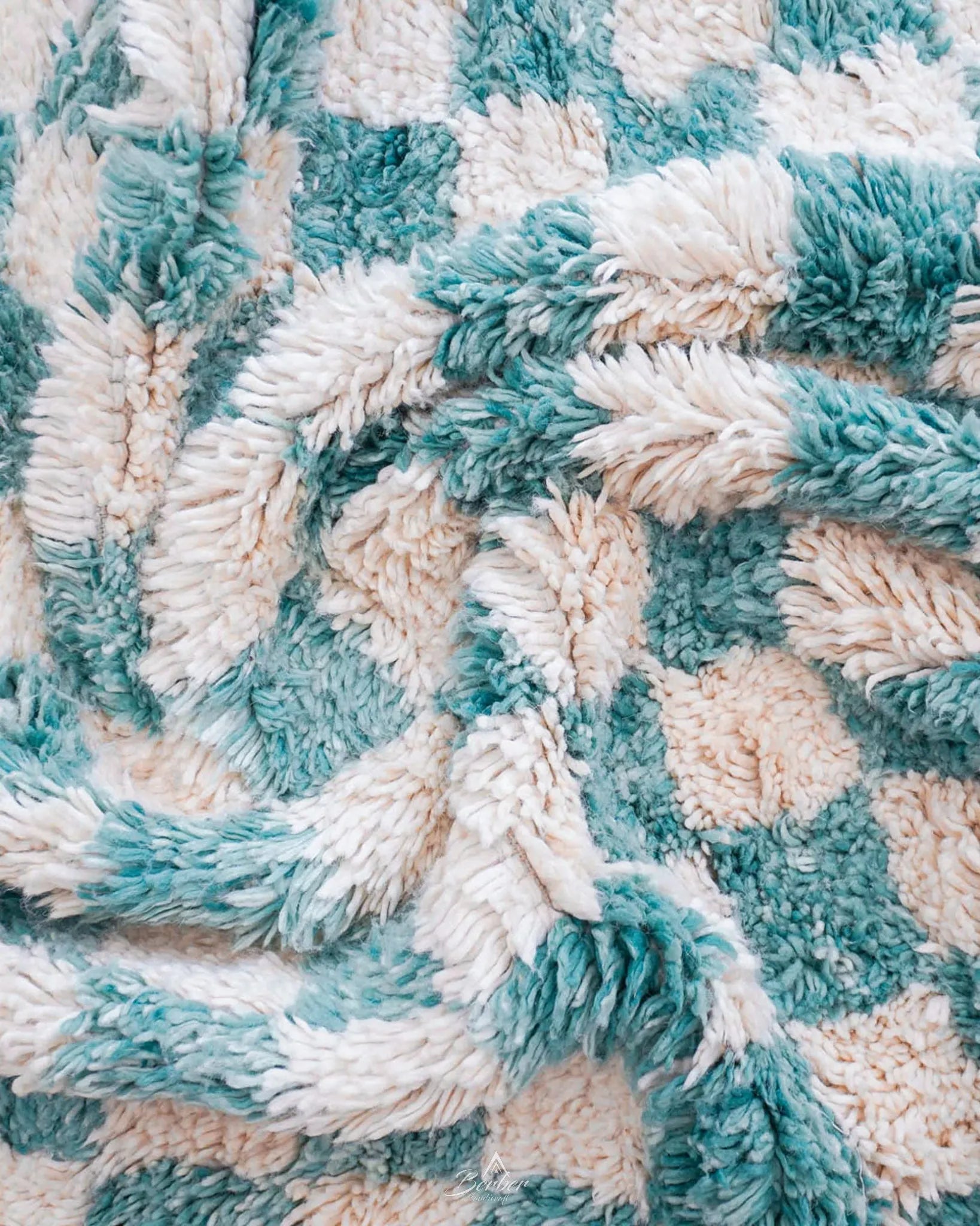Turquoise Checkered Rug 3 X 5 Ft | 90 X 150 Cm / With Tassels / Short (0.4” / 1 cm)