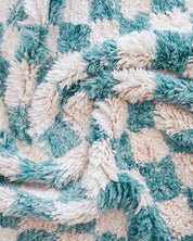 Turquoise Checkered Rug 3 X 5 Ft | 90 X 150 Cm / With Tassels / Short (0.4” / 1 cm)