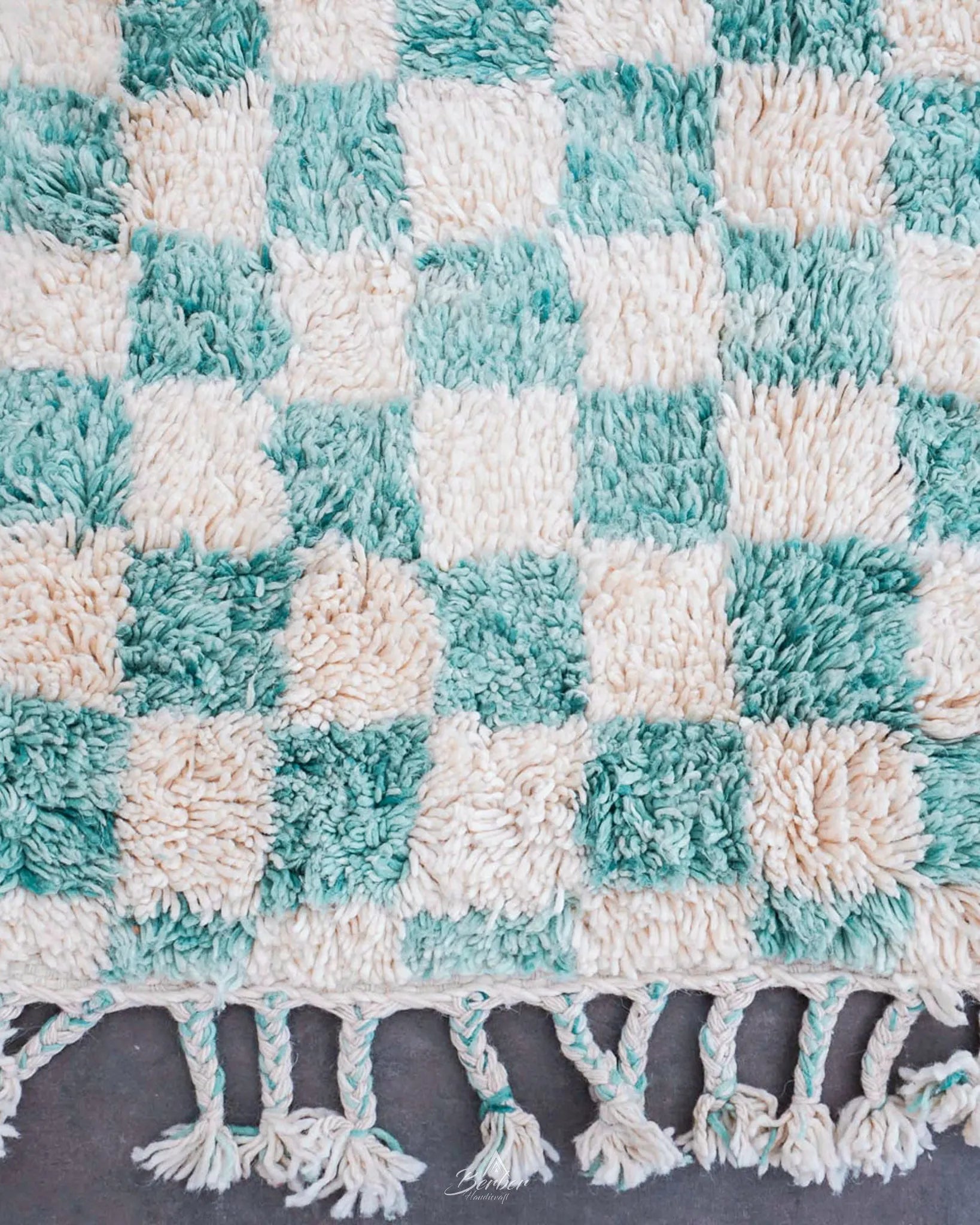 Turquoise Checkered Rug 3 X 5 Ft | 90 X 150 Cm / With Tassels / Short (0.4” / 1 cm)