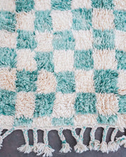 Turquoise Checkered Rug 3 X 5 Ft | 90 X 150 Cm / With Tassels / Short (0.4” / 1 cm)
