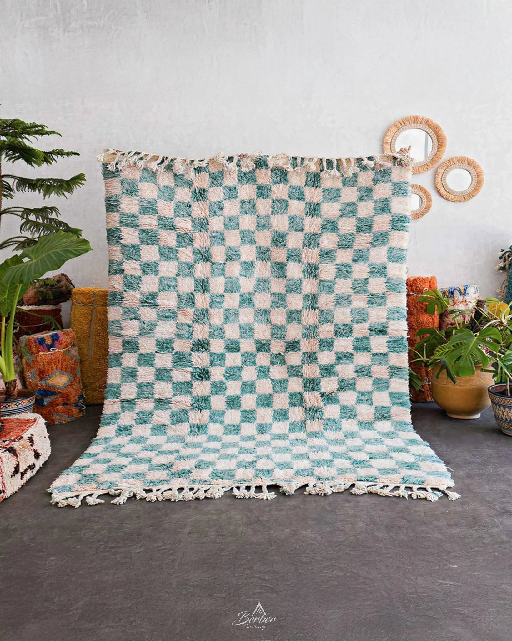 Turquoise Checkered Rug 3 X 5 Ft | 90 X 150 Cm / With Tassels / Short (0.4” / 1 cm)