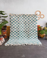 Turquoise Checkered Rug 3 X 5 Ft | 90 X 150 Cm / With Tassels / Short (0.4” / 1 cm)