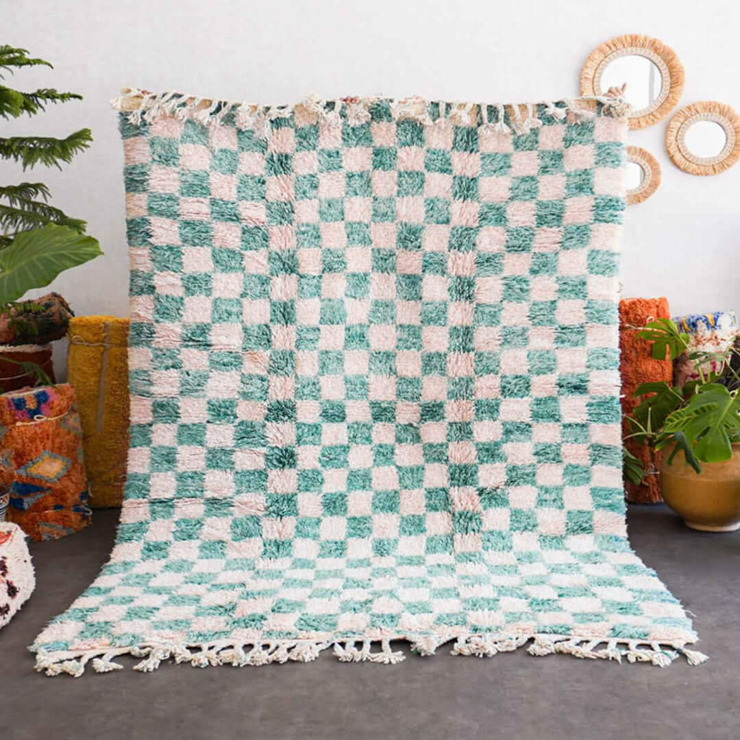 Turquoise Checkered Rug - Berber Handicraft