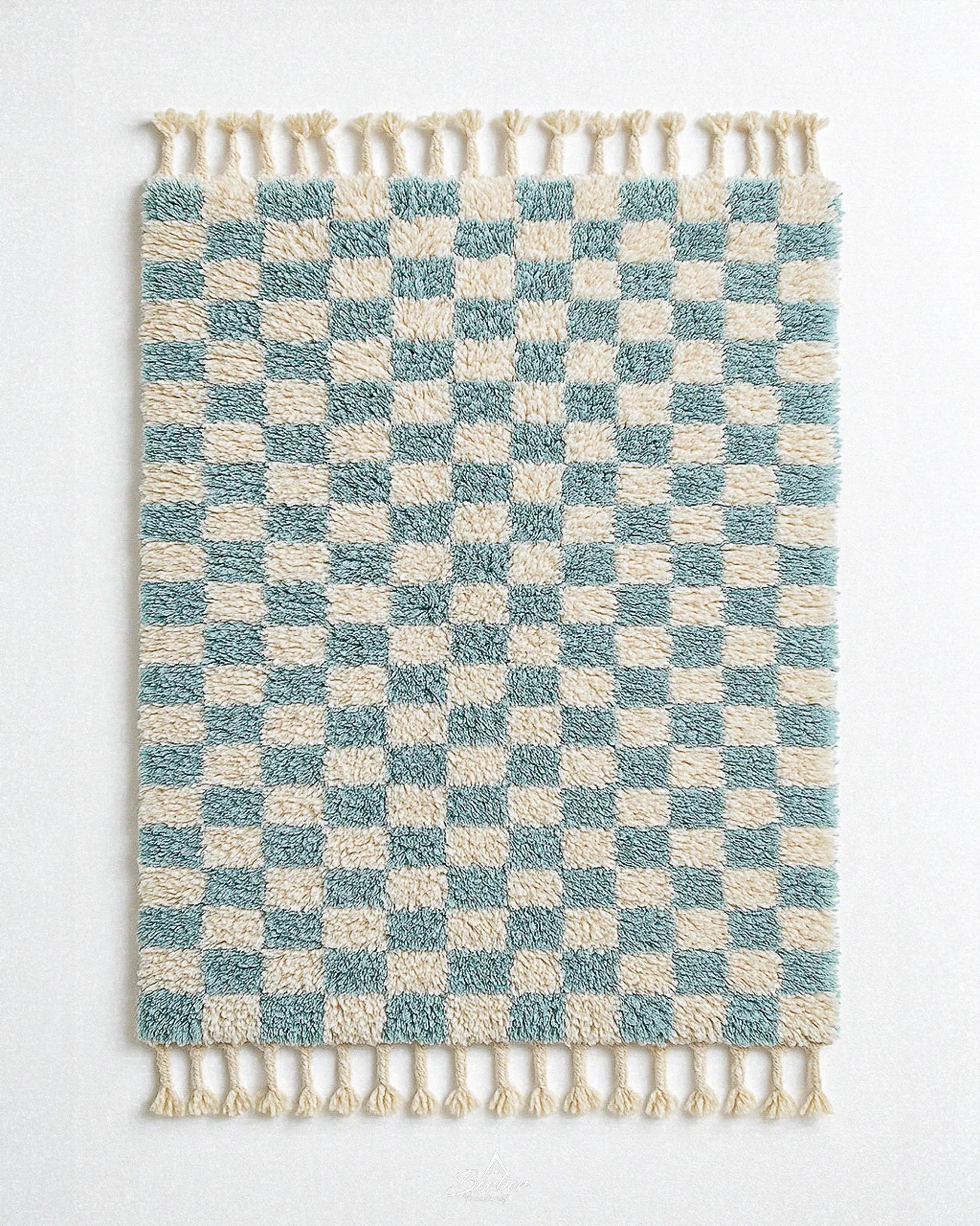 Turquoise Checkered Rug 3 X 5 Ft | 90 X 150 Cm / With Tassels / Short (0.4” / 1 cm)