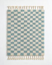 Turquoise Checkered Rug 3 X 5 Ft | 90 X 150 Cm / With Tassels / Short (0.4” / 1 cm)