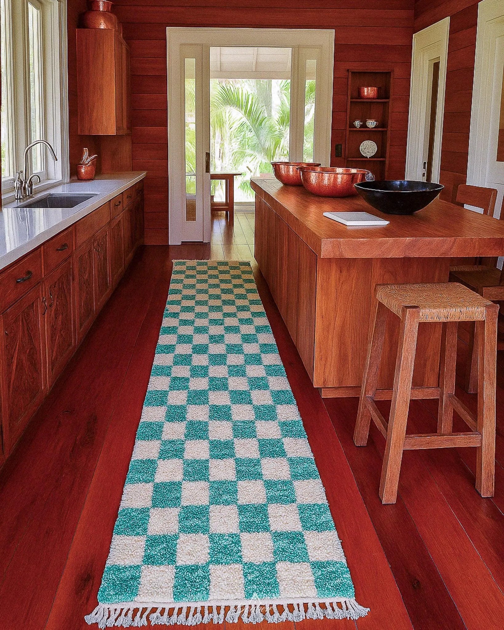 Turquoise Checkered Runner 2 X 6 Ft | 60 X 180 Cm / With Tassels / Short (0.4” / 1 cm)